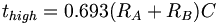 t_{high}=0.693(R_A+R_B)C\,